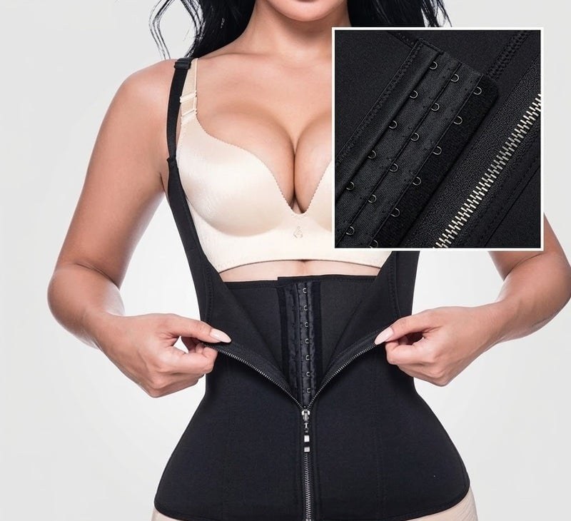 Cinta colete modeladora preta com zíper, colchetes e alças ajustáveis